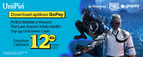 Oktober  – Kolaborasi PUBG Mobile x Venom: The Last Dance Telah Hadir! Top up Unknown Cash di UniPin Cashback 12Ribu GoPay Coins